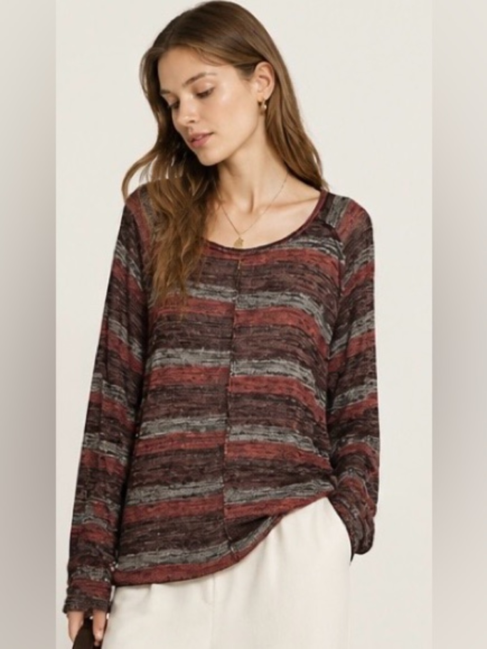 FREE PEOPLE Sweater Slouchy Boho Stripe Rust Brown